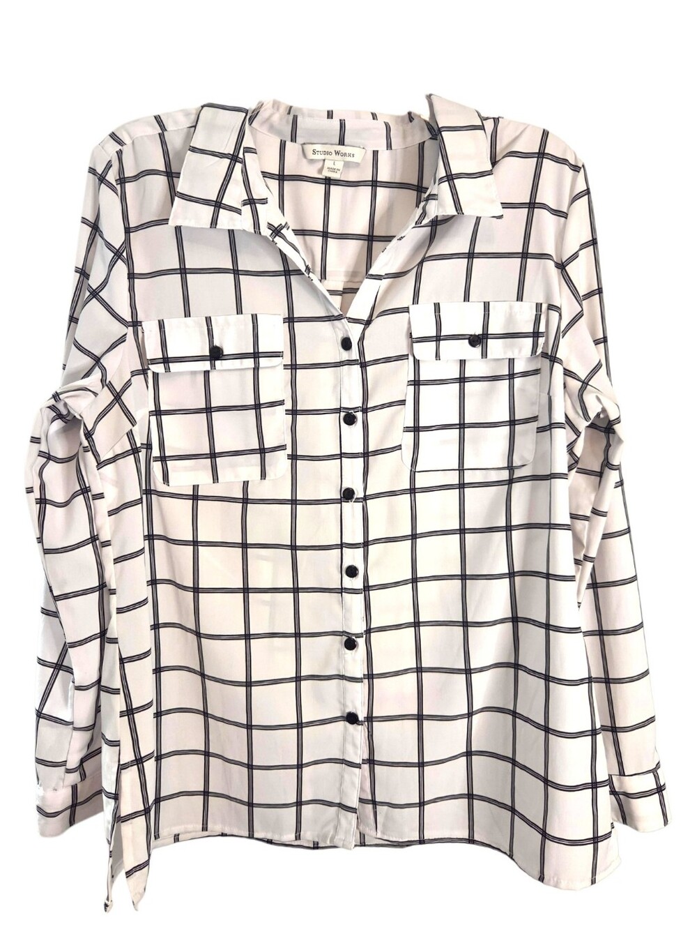 Studio Works White Black Contrast Plaid Button Down Blouse